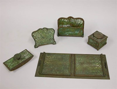 Lot 874 - Tiffany Studios Glass and Bronze Desk Set...