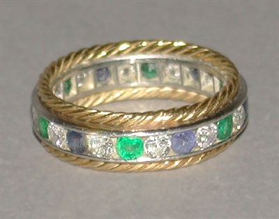 Lot 381 - Diamond, Emerald and Sapphire Band
