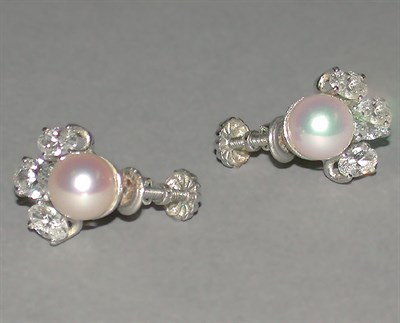 Lot 412 - Pair of Cultured Pearl and Diamond Earrings