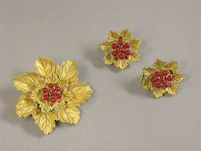 Lot 72 - Gold and Imitation Coral Pin and Pair of Earclips