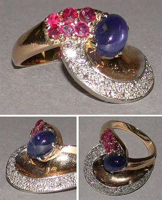 Lot 222 - Retro Style Ruby, Sapphire and Diamond Ring