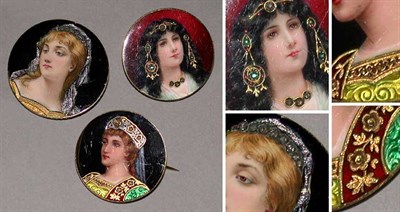 Lot 250 - Three Circular Enamel Portrait Pins
