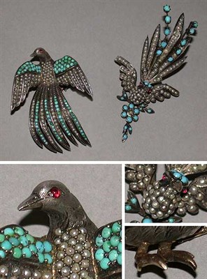 Lot 297 - Two Silver, Turquoise and Half-Pearl Bird Pins