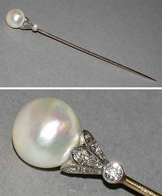 Lot 56 - Cultured Pearl and Diamond Stickpin