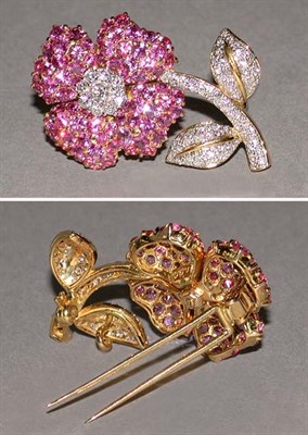 Lot 545 - Pink Sapphire and Diamond Flower Pin