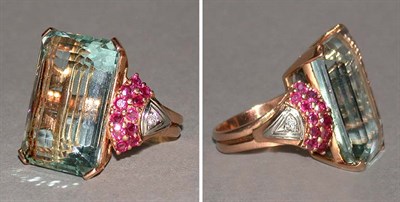 Lot 576 - Retro Aquamarine, Ruby and Diamond Ring