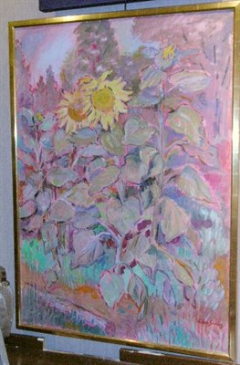 Lot 71 - Karl Schrag 1912-1995 SUNFLOWERS-LAST GLOW...