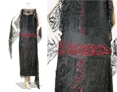 Lot 2019 - Black Silk Lace and Faux Garnet Evening Dress...