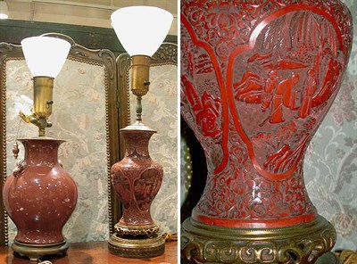 Lot 242 - Chinese Cinnabar Lamp Together with a Sang de...
