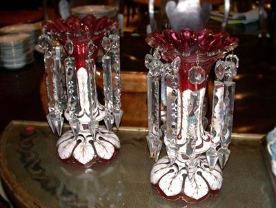 Lot 297 - Pair of Enamel Decorated Cranberry Glass Lustres