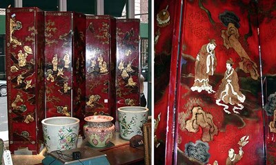 Lot 543 - Two Red Lacquered Four-Panel Screens