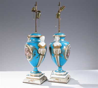 Lot 2424 - Pair of Sevres Style Porcelain Covered Urns...