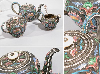 Lot 2311 - Russian Enameled Silver and Ivory Partial Tea...