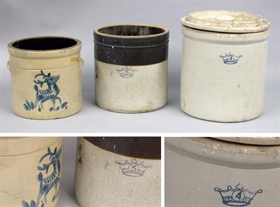 Lot 119 - Group of Three Stoneware Crocks One with lid....