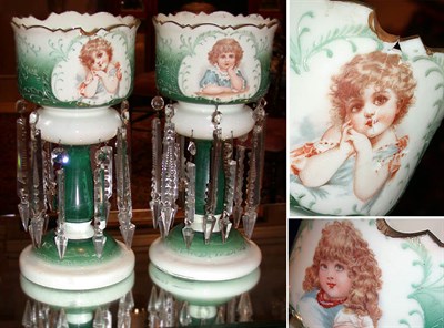 Lot 514 - Pair of Victorian Enamel Decorated Opal Glass...