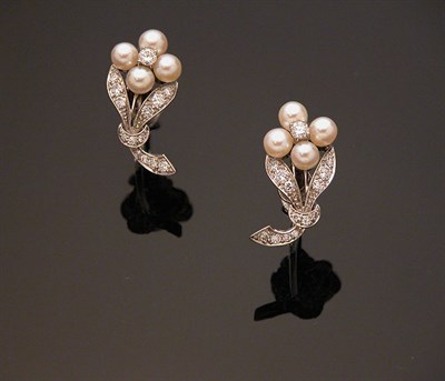 Lot 611 - Pair of Diamond and Cultured Pearl Flower...
