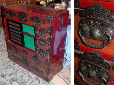 Lot 125 - Asian Wrought Iron Mounted Red Lacquered and...