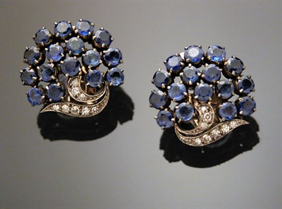 Lot 433 - Pair of Sapphire and Diamond Earclips Silver...