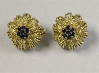 Lot 236 - Pair of Gold and Sapphire Flower Earclips
