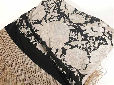 Lot 3847 - Black and Ivory Silk Manila Shawl Graphic...