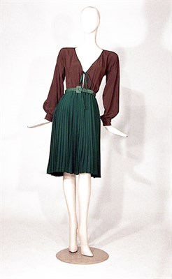 Lot 3557 - Galanos Green and Brown Pleated Crepe Dress...