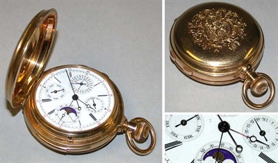 Lot 49 - Gold Open Face Perpetual Moonphase Calendar, Minute Repeater and Split Seconds Chronograph Watch