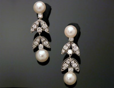 Lot 623 - Pair of Diamond and Cultured Pearl Drop Earrings