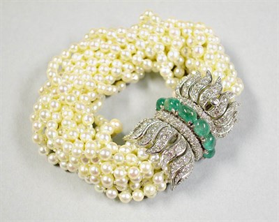 Lot 419 - Cultured Pearl, Diamond and Emerald Bracelet