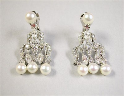 Lot 628 - Pair of Diamond and Cultured Pearl Chandelier Earrings