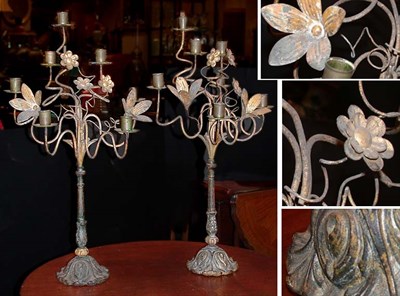 Lot 711 - Pair of Victorian Painted Metal Candelabra