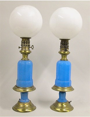 Lot 350 - Pair of Continental Blue Opaline Glass Lamps...