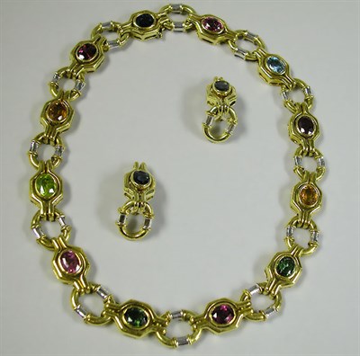 Lot 569 - Gold and Multicolored Stone Necklace and Pair of Earclips