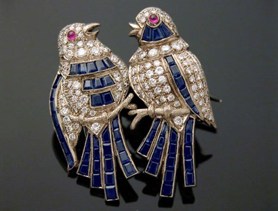 Lot 438 - Diamond and Sapphire Bird Combination Pin/Clips