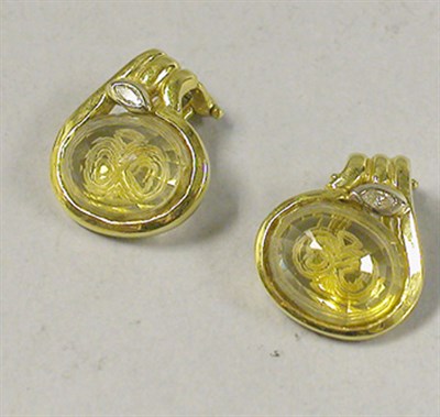 Lot 373 - Pair of Citrine and Diamond Intaglio Earclips