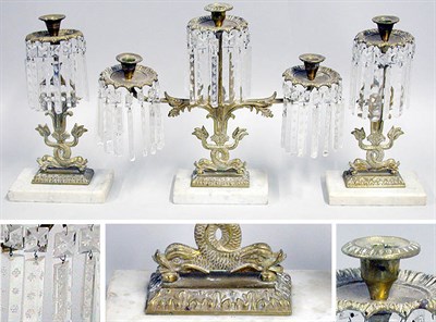 Lot 2302 - Brass and Cut Glass Girandole Set Comprising a...