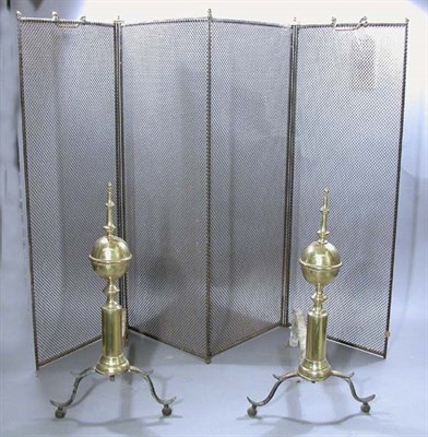 Lot 2201 - Pair of Brass Steeple Andirons; Together with...