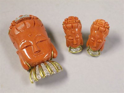 Lot 532 - Coral Pin and Pair of Earrings
