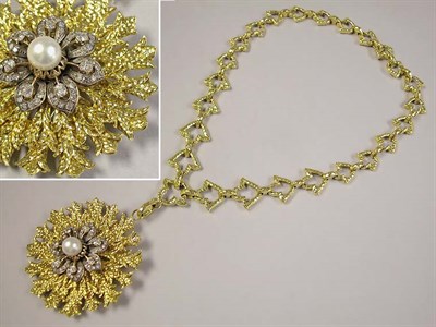Lot 567 - Diamond, Cultured Pearl and Gold Pendant and Chain