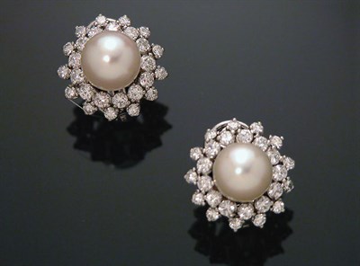 Lot 626 - Pair of Cultured Pearl and Diamond Earclips