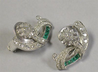 Lot 420 - Pair of Diamond and Emerald Earclips