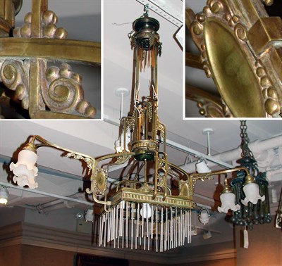 Lot 2396 - Art Deco Brass and Glass Five-Light Chandelier...
