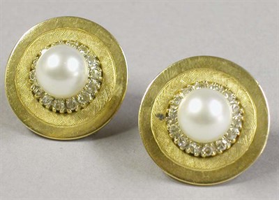 Lot 611 - Pair of Gold, Cultured Pearl and Diamond Earclips