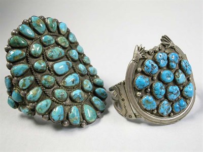 Lot 383 - Two Native American Silver and Turquoise Cuff Bracelets