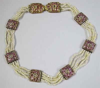 Lot 566 - Fresh Water Pearl, Enamel and Ruby Choker