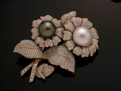 Lot 598 - Diamond and  Black and White Cultured Pearl Pin