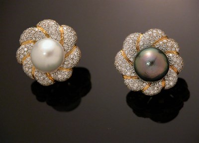 Lot 597 - Pair of Diamond and Black and White Cultured Pearl Earclips