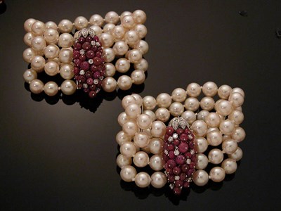 Lot 610 - Pair of Cultured Pearl and Ruby Bracelets
