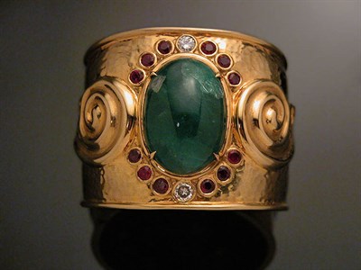 Lot 606 - Emerald, Ruby and Diamond Cuff Bracelet