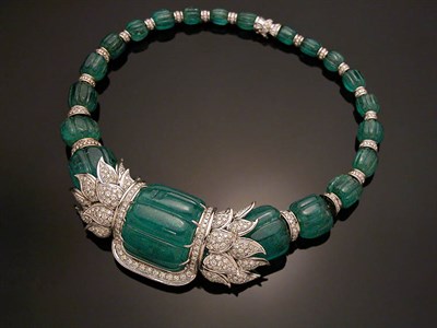 Lot 603 - Carved Emerald and Diamond Necklace