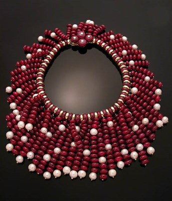 Lot 609 - Ruby and Cultured Pearl Fringe Necklace
